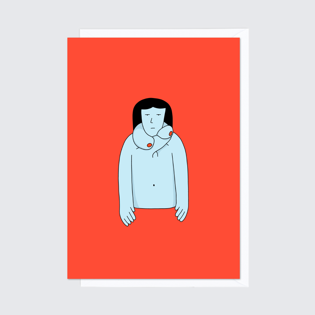 Red funny holiday Christmas greeting card with envelope. A woman feeling cold uses her breasts as a scarf. Festive illustration by Ana Curbelo, Untepid.