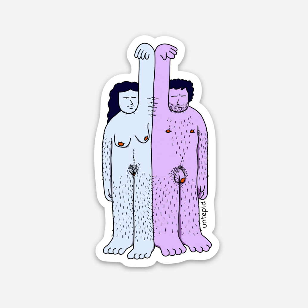 Sticker of a woman and man with their arm up exposing their underarm hair. They both have equal amounts of body hair. Feminist sticker that breaks the taboo on how much body hair a woman is expected to have, and uncompromisingly exposing how ridiculous it is.
