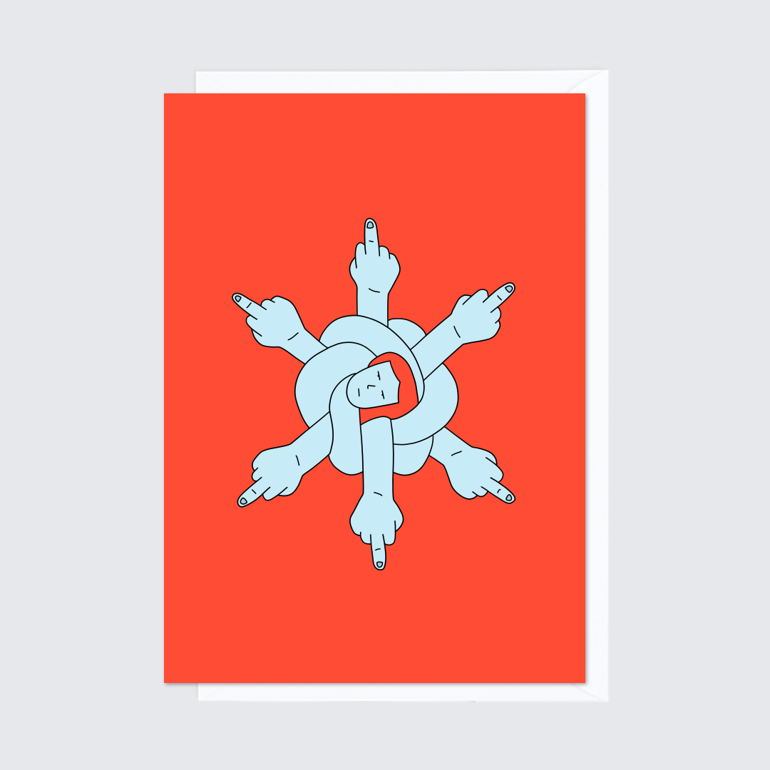 Red funny holiday Christmas greeting card with envelope. A figure is twisted into the shape of a snowflake and holds the middle finger at each end. Festive illustration by Ana Curbelo, Untepid.