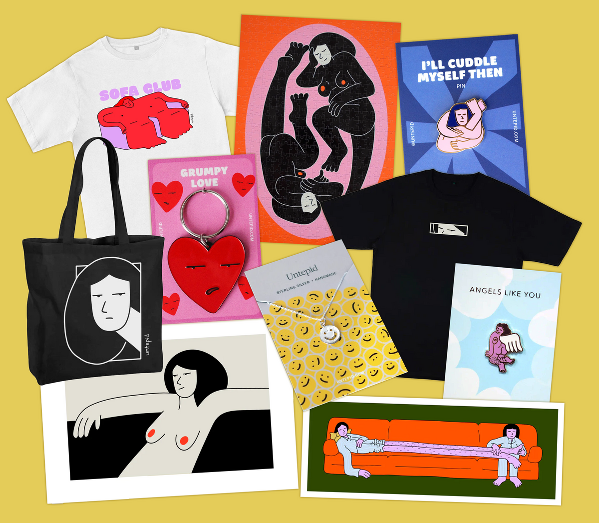 A collage of a mix of affordable and luxury gift ideas for presents, against a bright yellow background. 