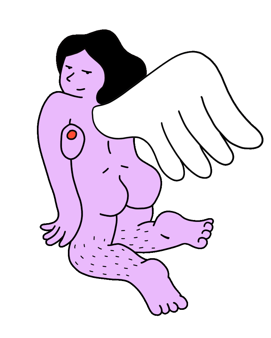 Funny animated illustration of a nude mischievous purple angel flying in the air.