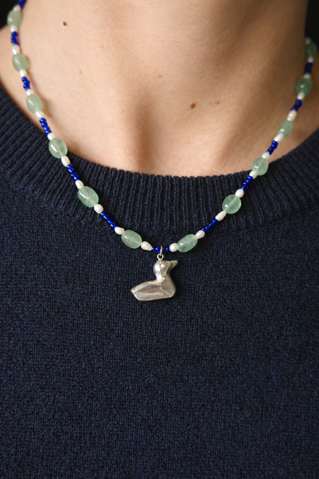 Lucky Duck necklace with duck pendant, worn