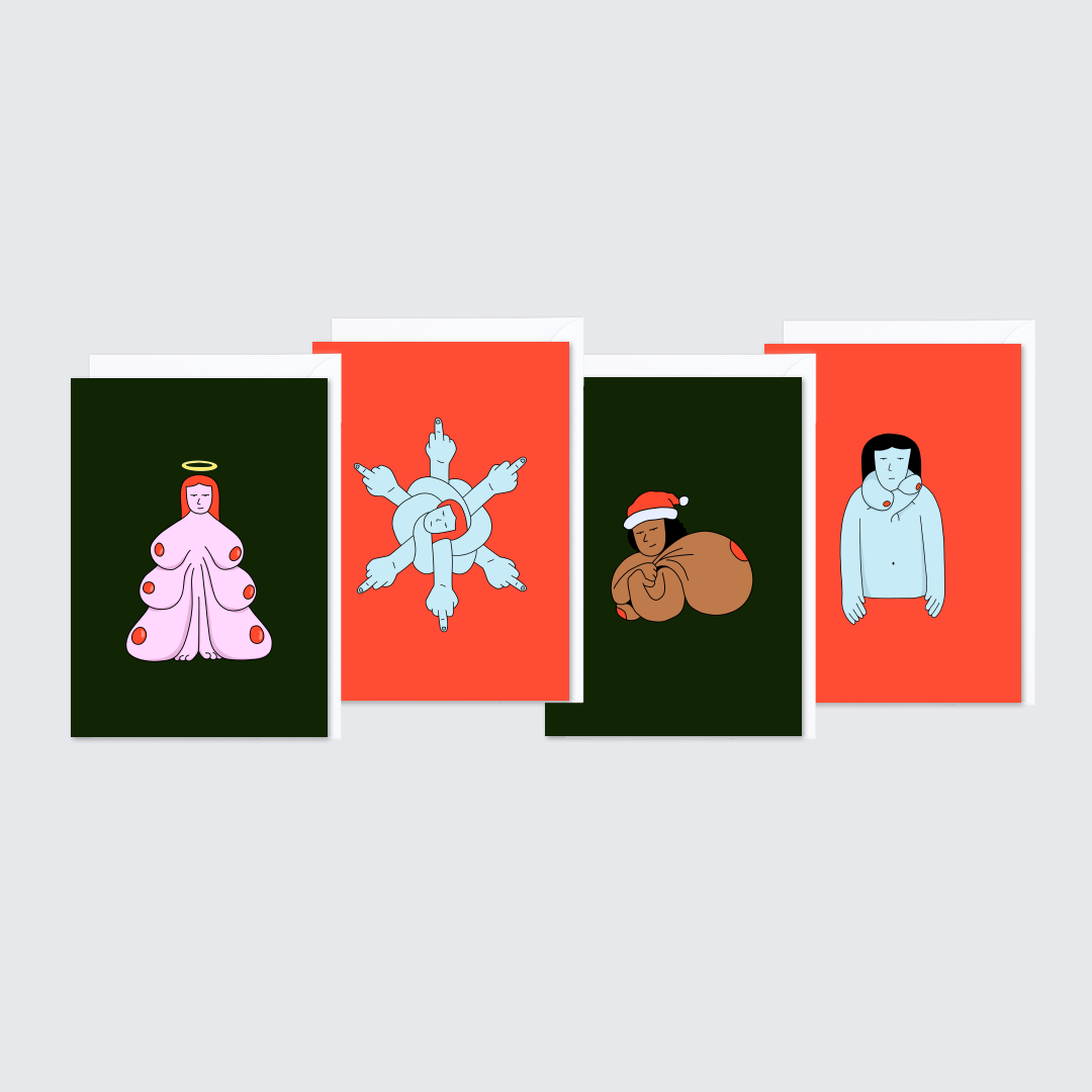 Green and red funny holiday Christmas greeting cards with envelopes. Festive and uncompromising illustrations by Ana Curbelo, Untepid.