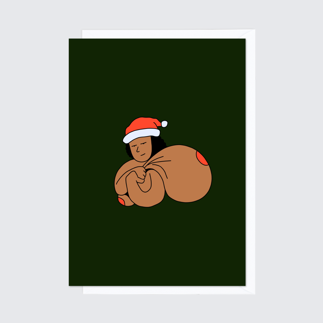 Green funny holiday Christmas greeting card with envelope. A woman holds her breast over her shoulder like a Christmas sack of presents. Festive illustration by Ana Curbelo, Untepid.
