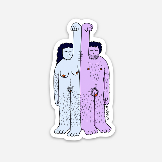 Sticker of a woman and man with their arm up exposing their underarm hair. They both have equal amounts of body hair. Feminist sticker that breaks the taboo on how much body hair a woman is expected to have, and uncompromisingly exposing how ridiculous it is.