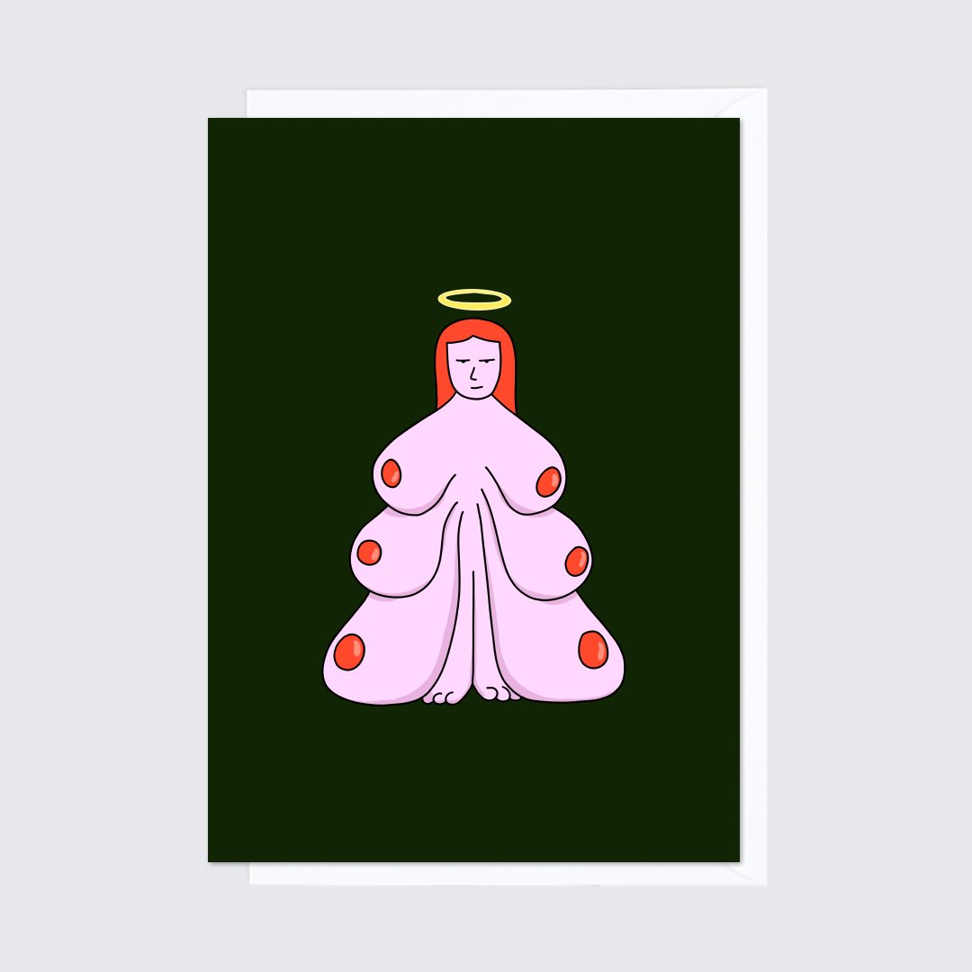 Green funny holiday Christmas greeting card with envelope. A woman with a halo stands proudly with her multiple breasts and nipples forming the shape of a Christmas tree. Festive illustration by Ana Curbelo, Untepid.